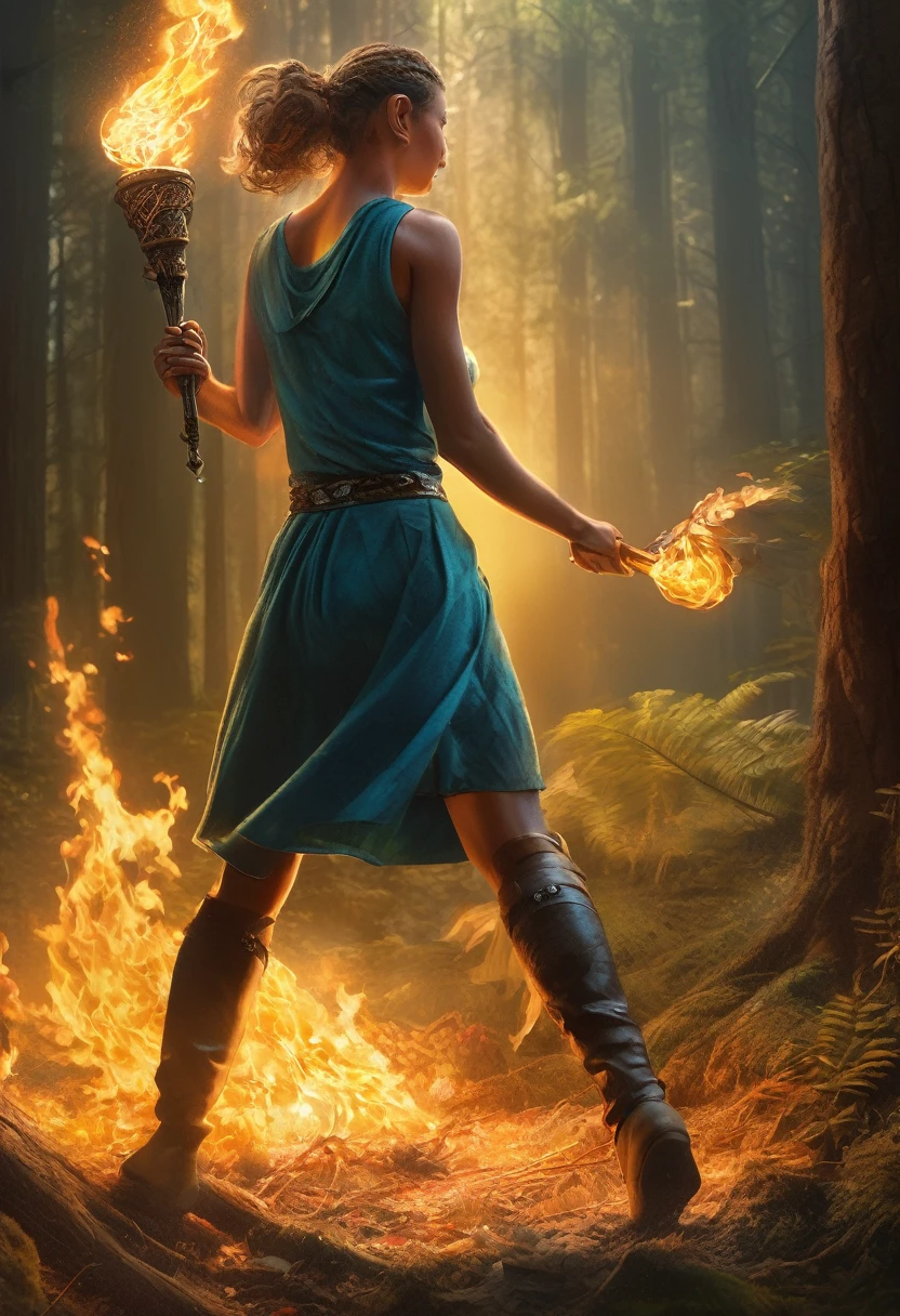 (Award-winning masterpiece:1.5), (incredible detail), (hyper realistic:1.4), (whole body:1.7), (woman grabbing torch and lighting it), (flame illuminating clearing), (brief moment of hope), (creature hesitating and retreating from bright light), (dark forest), (dramatic lighting), (intricate details:1.1)