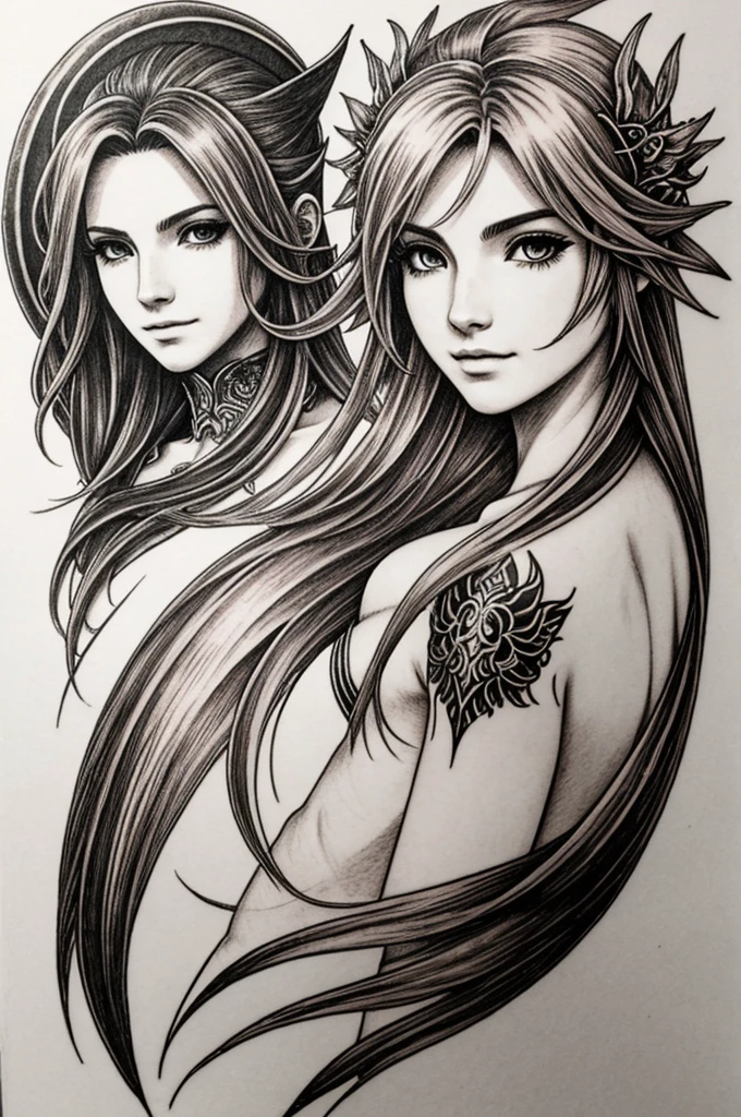 Create a Final Fantasy IV Rydia Tattoo Design, to black and white