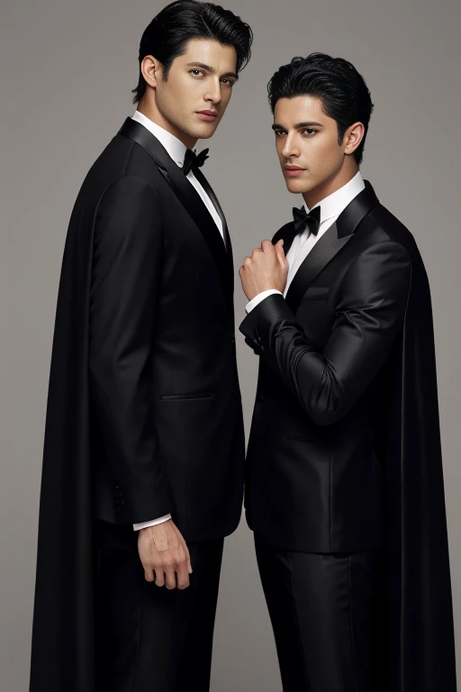 two handsome vampire males , gay couple ,refined , full body hunk , ,ultra realistic , spanish men , black glossy cape , dancing , tango , romantic , tango ,romance, with cape , black cape , black suit , beefcake , shading , shade , tanned , attractive , beefcake , hispanic , full length , wide view , realistic standingnext of each other , black cape no collar , no cape collar ¨*, a handsome dark haired male extremely handsome, elegant, clean shaven , both wearing a cape , wearing cape , hunk , desire , seductive , stud , hunks , hunk , handsome hunk ,romantic, black suit , tuxedo , suit , black cape , wearing cape , standing in front of each other , refined , redifined , roses , rose
