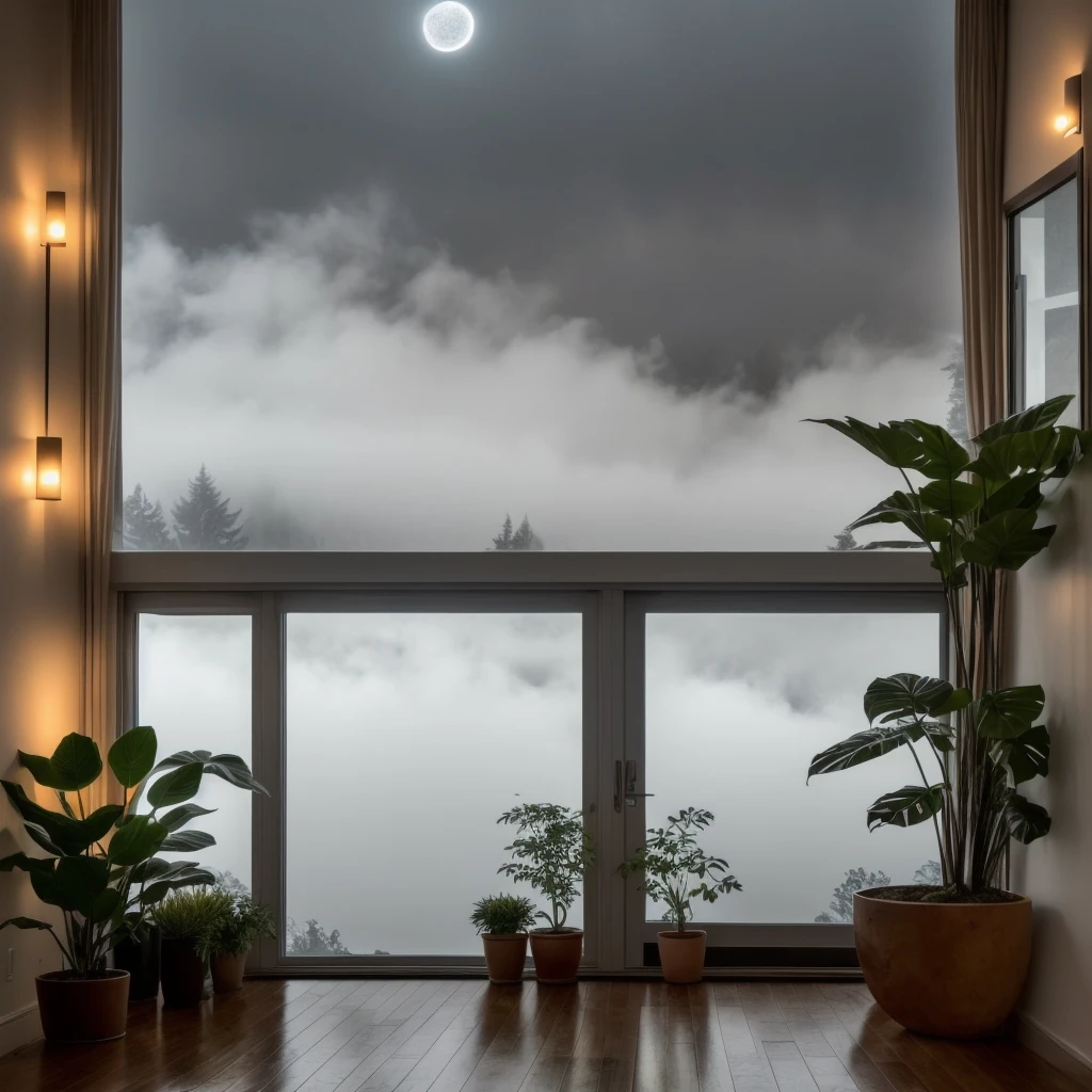 midcentury modern living room dimly lit with dark rainy evening outside, (foggy rainy evening:1.2), pacific northwest, (dim lighting:1.4), (moody lighting:1.2), plants, large plants, rainy, monstera, many plants, (foggy windows:1.2), masterpiece, best quality, twilight hour, (nighttime:1.4), rainy evening, after sunset,