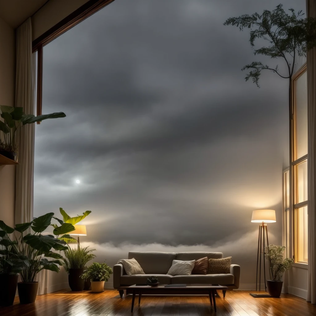 midcentury modern living room dimly lit with dark rainy evening outside, (foggy rainy evening:1.2), pacific northwest, (dim lighting:1.4), (moody lighting:1.2), plants, large plants, rainy, monstera, many plants, (foggy windows:1.2), masterpiece, best quality, twilight hour, (nighttime:1.4), rainy evening, after sunset,