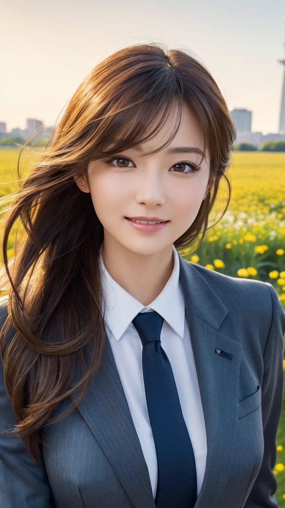 highest quality、genuine、Super detailed、finely、High resolution、8k wallpaper、one beautiful woman、、、light brown disheveled hair、wearing a business suit、sharp focus、perfect dynamic composition、beautiful and detailed eyes、thin hair、Detailed genuine skin texture、smile、model body shape、In Tokyo at morning、In a windswept meadow