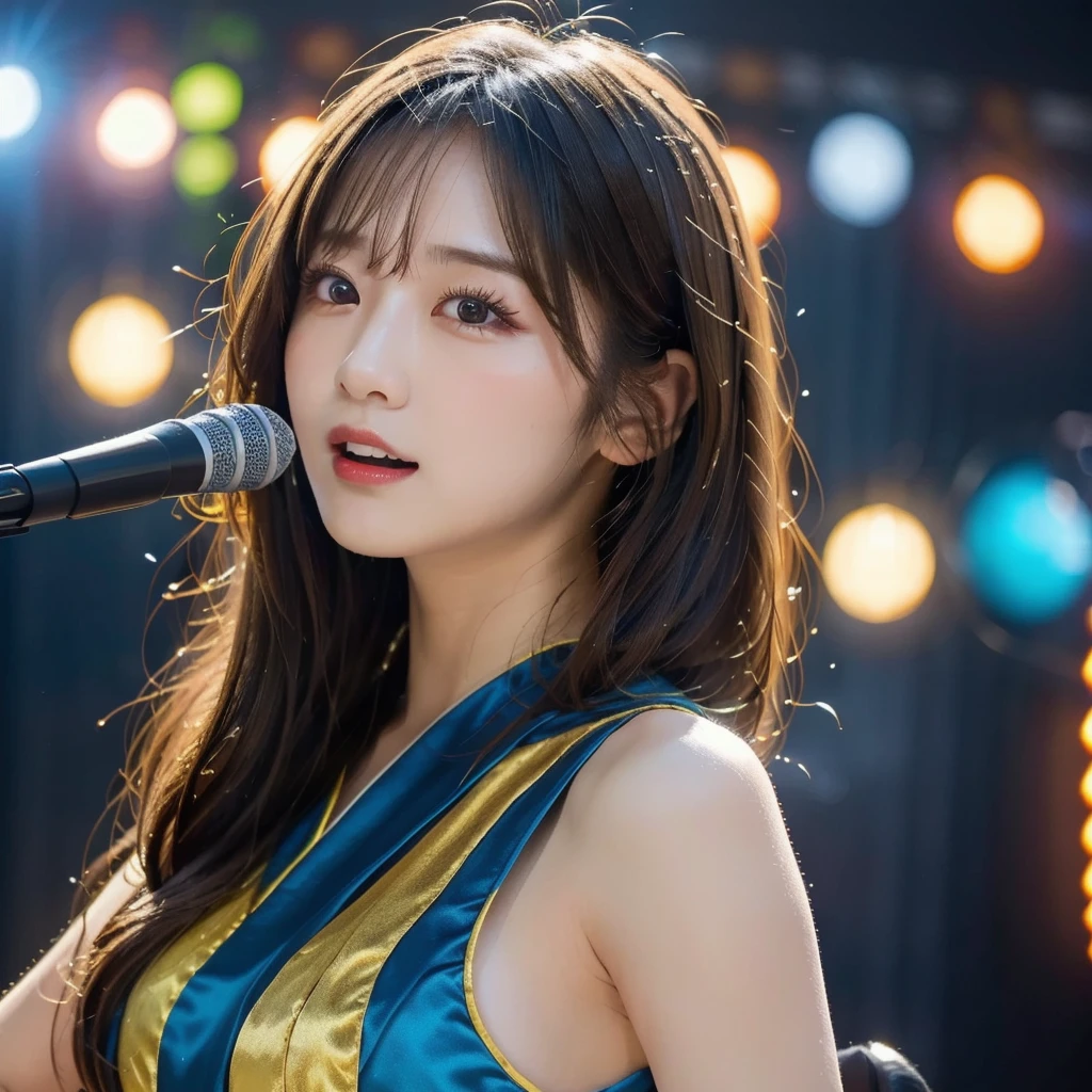(RAW Photo, Best Quality), (Realistic, Photo Realistic: 1.3), Best Quality, Highly Detailed, Masterpiece, Ultra Detailed, 1 Japanese girl, upper_body, Dynamic Angle, Extremely Detailed CG Unified 8k Wallpaper, Ink, Amazing, Movie upper_body, World Mastery Theater, messy_long_hair, Best Quality, Extremely Detailed CG Unified 8k Wallpaper, Ink, Amazing, Movie Lights, lens_flare, Detailed Face, (Deliberate expression: 1.5), sony master shot, Japanese idol singing and dancing on stage, (idol-stage-costume:1.5), hi-res screenshot, nicovideo, normal hands, nice studio lighting, vhs screenshot, beautiful fine face,(portable microphone:1.3)