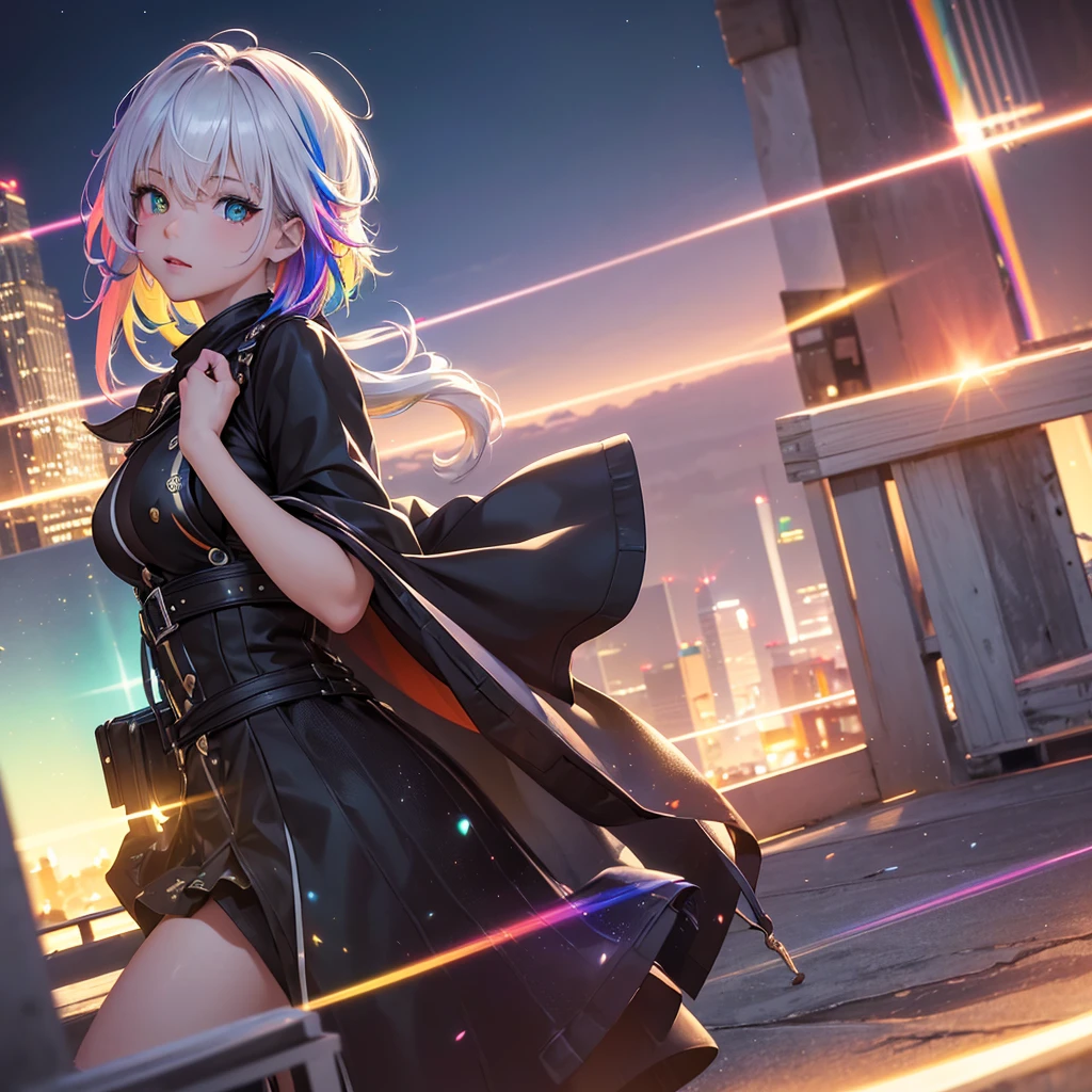 {{masterpiece}}, best quality, extremely detailed CG unity 8k wallpaper, cinematic lighting, lens flare, beautiful detail eyes, black,  side glance,  multicolor short white hair, colorful light, particles, heterochromia, (colorful:1.5), (colorful hair:1.5), show body goal, swimsuit, rooftop view, night,
