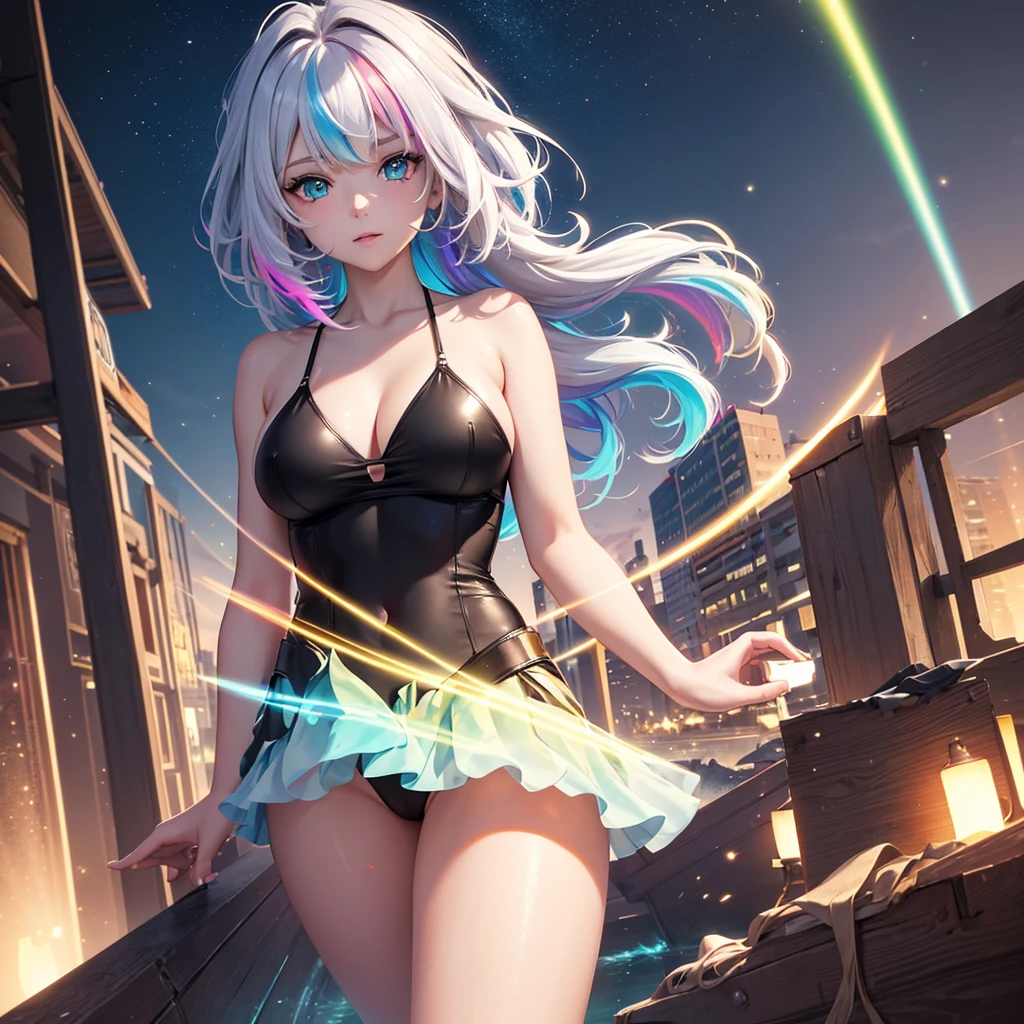 {{masterpiece}}, best quality, extremely detailed CG unity 8k wallpaper, cinematic lighting, lens flare, beautiful detail eyes, black,  side glance,  multicolor short white hair, colorful light, particles, heterochromia, (colorful:1.5), (colorful hair:1.5), show body goal, swimsuit, rooftop view, night,