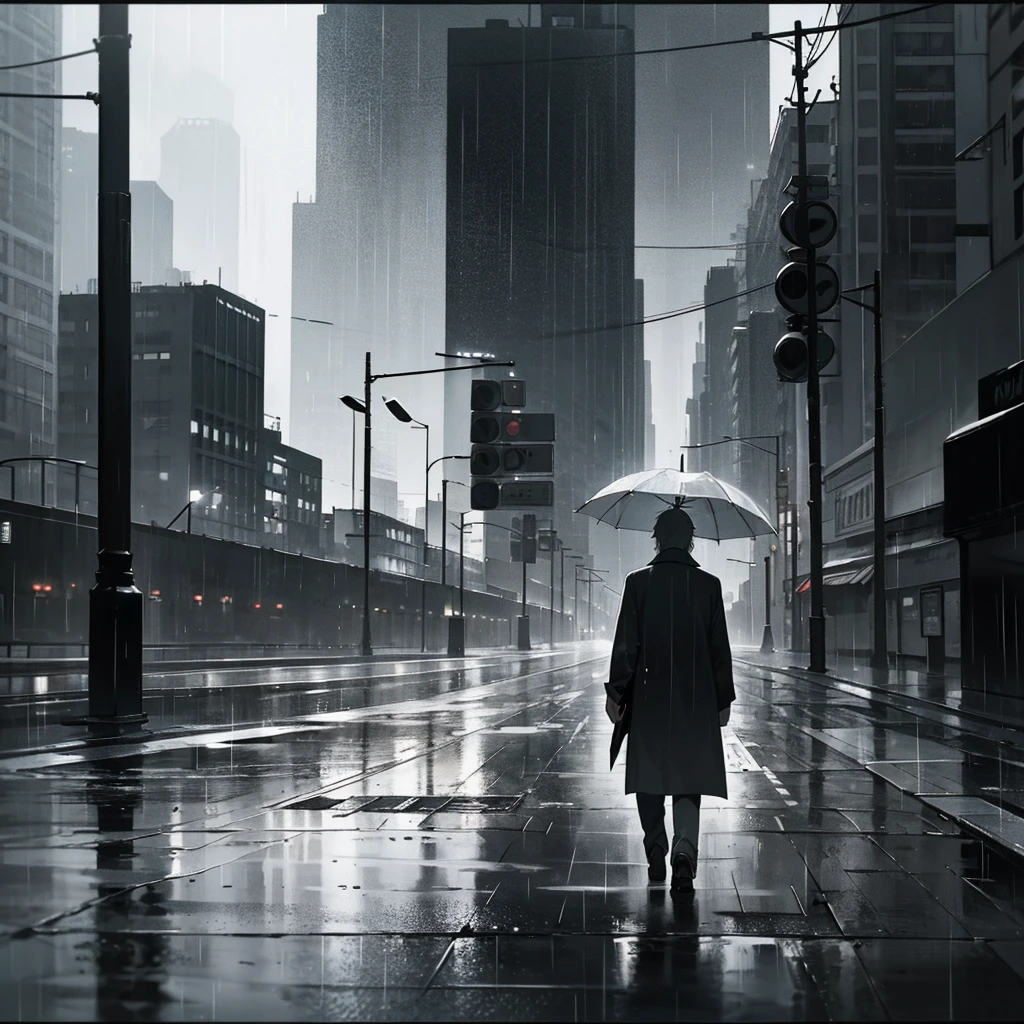 white and black, man walking depressed under the rain, depressing enviroment, rain, city, white and black effect, Vignette