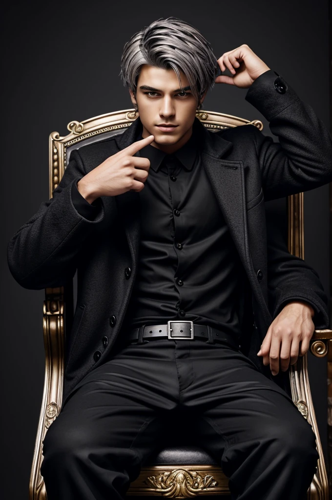 He is sitting in a throne while his right hand is resting on the counter of the chair and his hand is up while he is resting his head on his left hand and he is insanly crazy. The background is a Dark Kingdom. Handsome young man with black and silver hair with purple eyes and a long black coat and black cargo pants with a ripped black shirt, coat has long sleeves. Full anime style