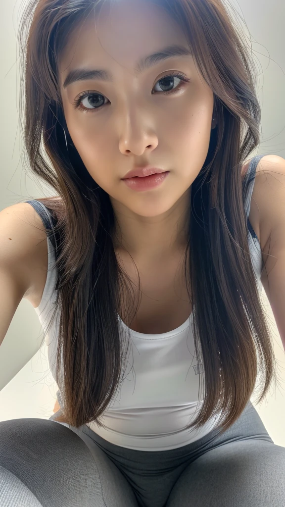 (detailed face),(()),normal ,pretty,white sleeveless t-shirt,4k ,super high resolution ,(photo-realistic: 1.7), gray background,long hair,