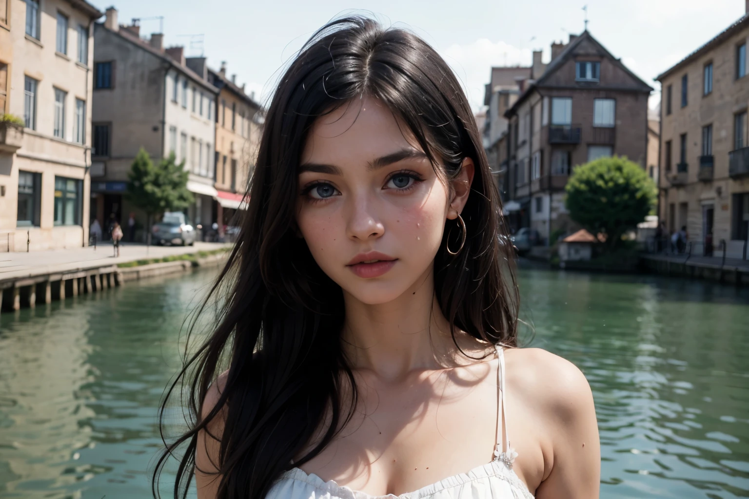 35mm film, solo, makeup, blue eyes, , (white dress), looking at viewer, epiCPhoto,focus on face, close to viewer, intricate lines,  medieval houses, cobblestone path, (((urban lake))),  sharp magnificent details, delicate features, elaborate details, beautiful girl, ((black hair)), (long hair) eighteen years old woman, ((upper body)) (Acne), ((natural lighting)) 