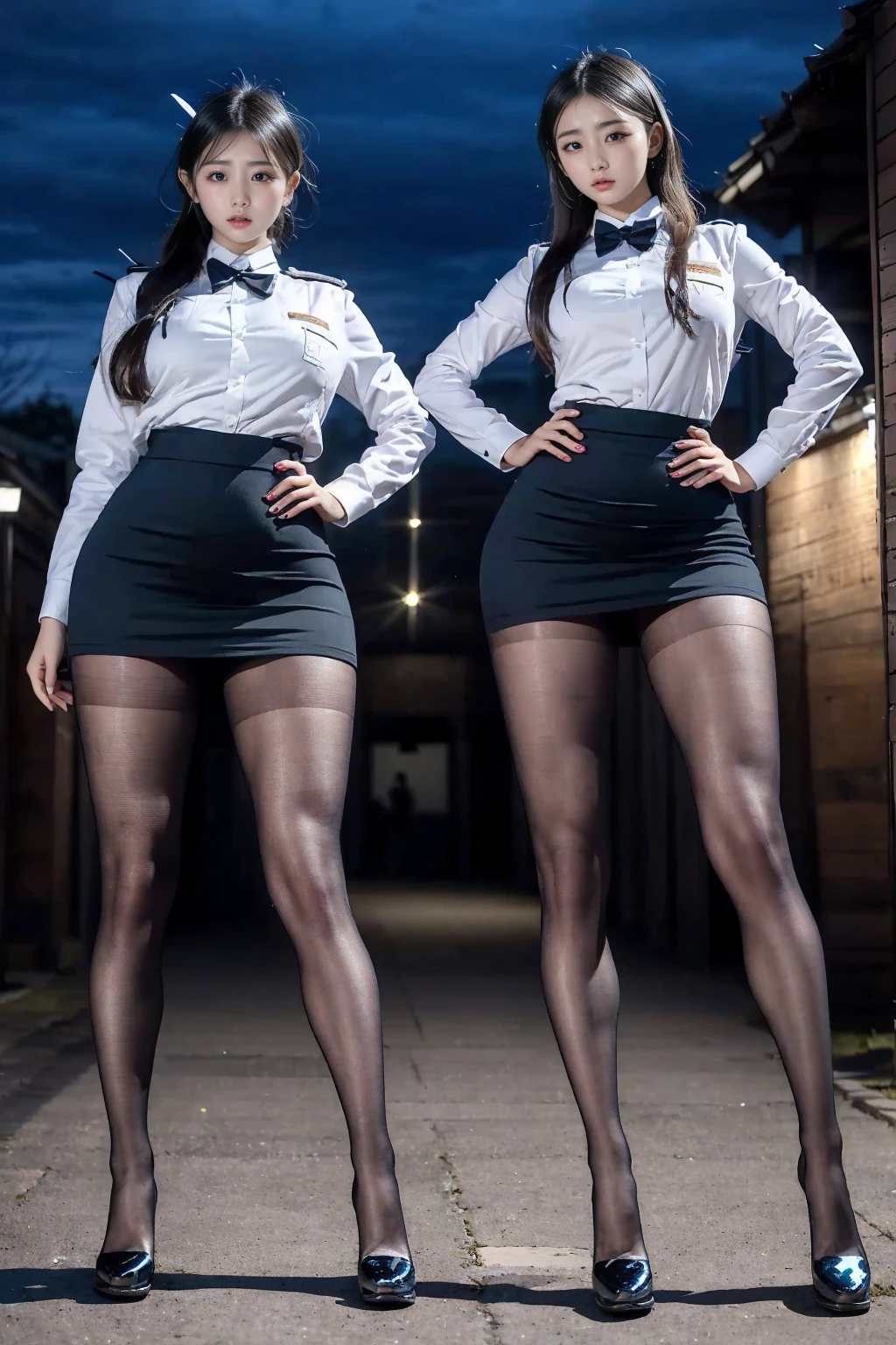 (Please take a picture from the front.), (8K), (Highest quality: 1.5), (Realistic: 1.1), Ultra-high resolution, Very detailed, Golden Ratio, (Two tall Japanese high school girls), 24-years-old, F Cup Big, Two Sisters, (Full body photo), (Very cute face, Overlooking here, Please put your hands on your hips, Stand with your feet shoulder-width apart), Simple uniforms, The sisters wear the same uniform., (Wearing a black Japanese uniform), Long sleeve uniform, ((thick and long legs)), ((Very wide thighs:1.5)), ((Very long legs:1.3)), (She always wears a pleated mini skirt and black pantyhose...), (The skirt is very short), (Oily shiny black pantyhose),(wearing high heel loafers)
