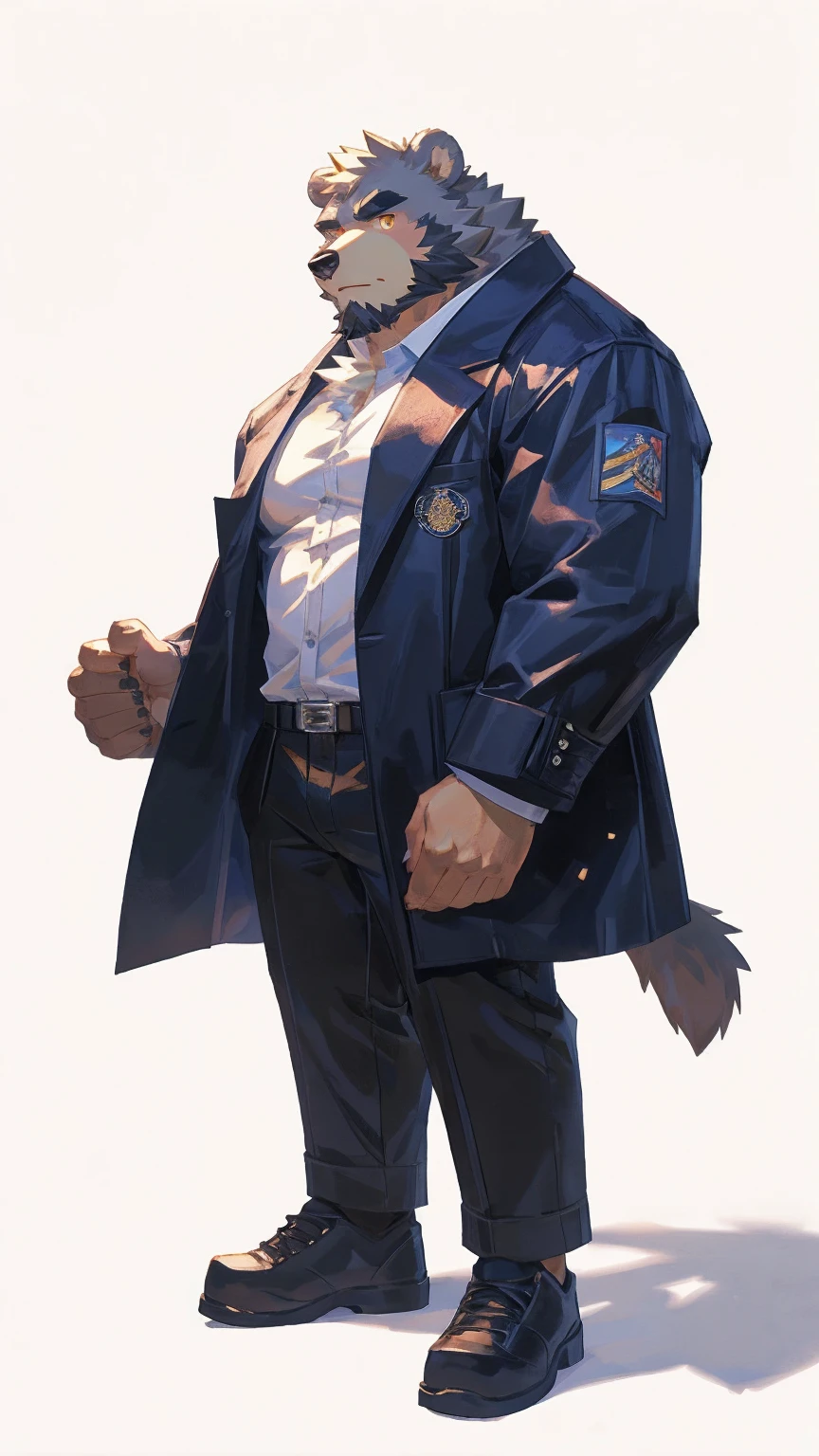 (masterpiece:1.2), best quality,pixiv,official art,perfect anatomy, (Ray tracing, light),solo, (1_male:1.3) , (muscle), (grey fur:1.4), (muscle bear), (beard:1.2), (gleaming golden eyes), bear tail, Thick black eyebrows,(open trench coat), jeans, (black pants:1.2), black shoes, (pure white background: 1.3)