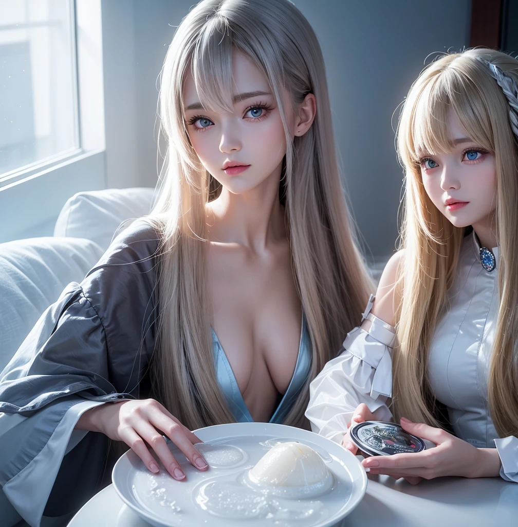 Bright expression, photorealism, high quality, high resolution, one image, photo of an exquisitely beautiful Nordic girl, an extraordinary beautiful girl, a detailed cute and beautiful face, (pureerosface_v1:0.008), beautiful bangs, Alice in Wonderland . 、18 years old、Bright, shiny white skin、facial hairs、Bangs that extend to the face、Bangs between the eyes、Super long hair、Attractive light and dark platinum blonde hair super long, straight and silky、Finer hair、Attractive, bright, beautiful, bright, clear, light blue big eyes, huge tits, eyeliner, double eyelids, lush bust