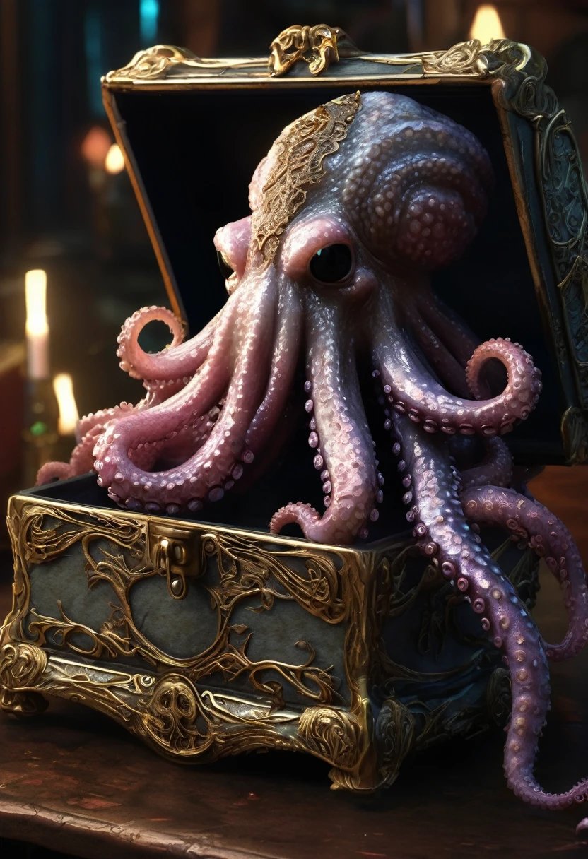 a strange jewelry box monster with one eye, sharp fangs, ugly long tentacles, but deadly hidden tentacles inside, lurking in various places, waiting for prey to approach and open the box to attack and drag them into the box to devour, (best quality,4k,8k,highres,masterpiece:1.2),ultra-detailed,(realistic,photorealistic,photo-realistic:1.37),intricate details,octopus-like creature,ornate jewelry box,dark fantasy,moody lighting,muted color palette,chiaroscuro lighting,sinister atmosphere