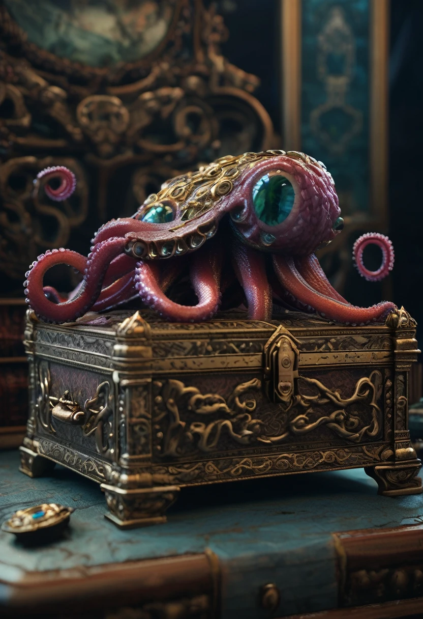 a strange jewelry box monster with one eye, sharp fangs, ugly long tentacles, but deadly hidden tentacles inside, lurking in various places, waiting for prey to approach and open the box to attack and drag them into the box to devour, (best quality,4k,8k,highres,masterpiece:1.2),ultra-detailed,(realistic,photorealistic,photo-realistic:1.37),intricate details,octopus-like creature,ornate jewelry box,dark fantasy,moody lighting,muted color palette,chiaroscuro lighting,sinister atmosphere