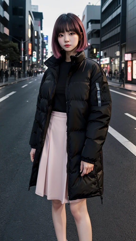 fullbody, (((wearing big black Down jacket ))), wearing long black skirt,// Bewitching eyes, well-balanced eyes, //street snap // ((facing viewer)), //at the street in tokyo, //japanese lady, pale skin, //droopy eyes,//short pink hair, //((standing)), high quality:1.3, Professional lighting:2.0 realistic:1.2, 4k resolution, detailed skin, masterpiece:1.1