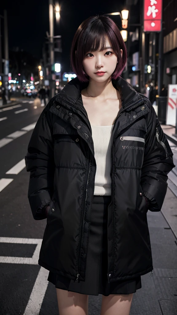 fullbody, (((wearing big black Down jacket ))), wearing long black skirt,// Bewitching eyes, well-balanced eyes, //street snap // ((facing viewer)), //at the street in tokyo, //japanese lady, pale skin, //droopy eyes,//short pink hair, //((standing)), high quality:1.3, Professional lighting:2.0 realistic:1.2, 4k resolution, detailed skin, masterpiece:1.1