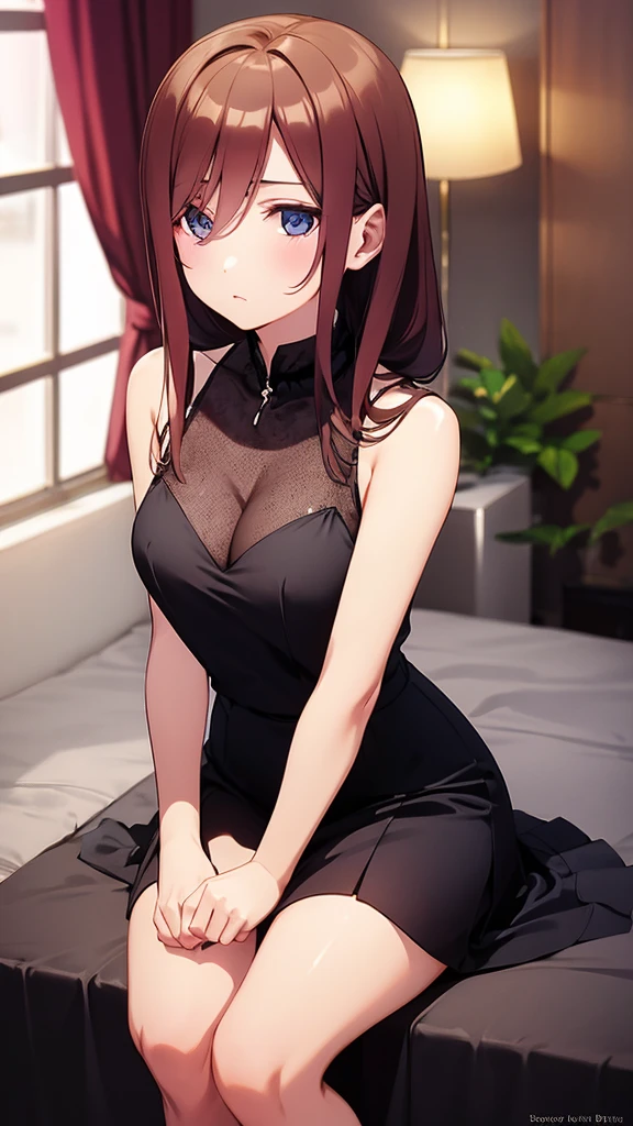 Waiting sitting in a black gala dress 