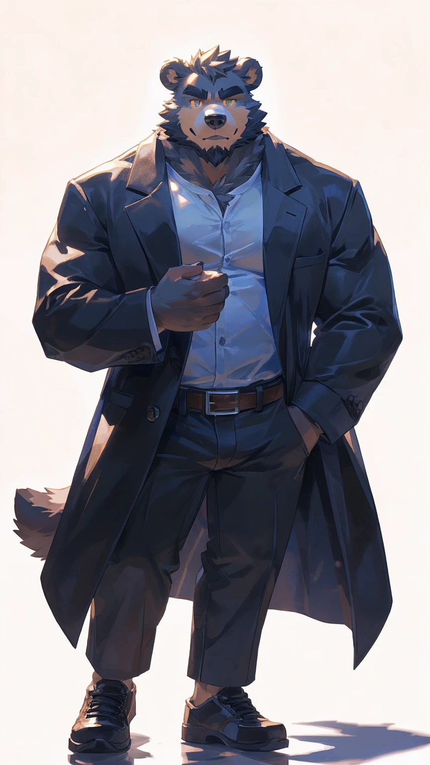 (masterpiece:1.2), best quality,pixiv,official art,perfect anatomy, (Ray tracing, light),solo, (1_male:1.3) , (muscle), (grey fur:1.4), (muscle bear), (beard:1.2), (gleaming golden eyes), bear tail, Thick black eyebrows,(open trench coat:1.2), jeans, (black pants:1.2), black shoes, (pure white background: 1.3)