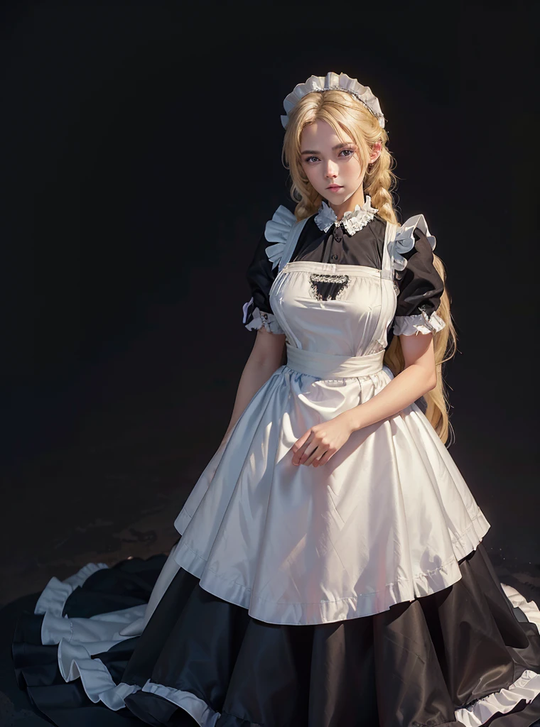 a beautiful girl,blonde braids hair,looking at the viewer,standing,(Very Detailed: 1.3),ultra realistic,HDR,(High Dynamic Range),8K RAW,(((1GIRL))),(((wearing maid dress))),(((black background))),masterpiece,best quality,perfect proportions