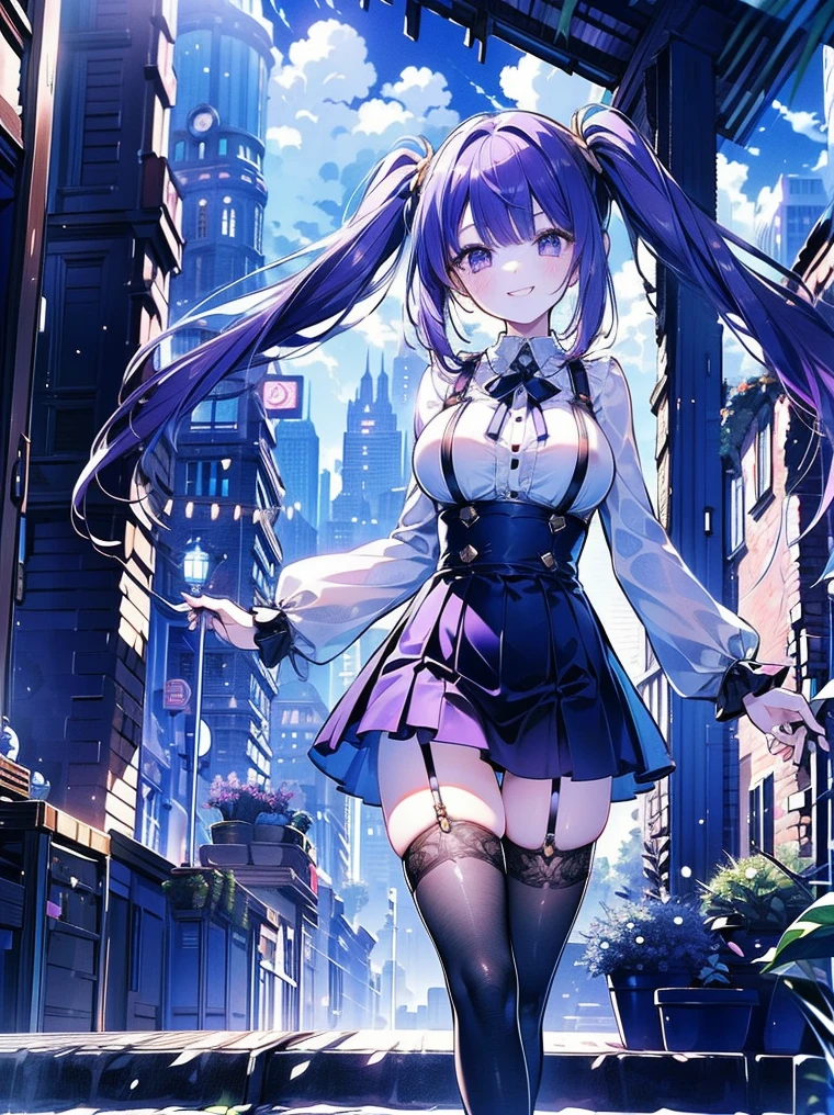(masterpiece), (HDR), absurdres, (best quality), (ultra high quality), (hi-res), (1girl), (pastel purple eyes), beautiful detailed eyes, detailed eyes, , ((dark purple hair)), bangs, short side locks, (big thick twintails), (long straight hair), ((two gold hair ties)), (medium breast), skirt with suspenders straps, white, collared shirt, ruffles, sleeve cuffs, ((black thighhighs)), (zettai ryouiki), (thin waist), ((thigh gap)), (happy expression), (smile with teeth), cute, (looking at viewer), bend at waist, walking, in the city, outside, buildings, sidewalk, daytime, sunlight on face, noon, bright sun, city scenery, crosswalk, birds