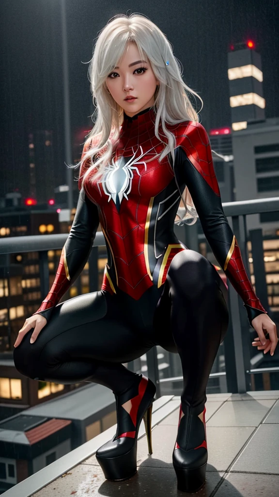 RAW photo, photo-realistic, ((Roseann Park)) as Spider Gwen, ( base suit color), ((armor, iron spider,)) , platform , spider, super hero, full body suit, medium white hair, beautiful face, rain, rooftop perch, masterpiece, intricate detail, perfect anatomy, ((masterpiece, best quality, highres, adult female)), realism, 1girl, TONED ABs, beautiful, intricate details, depth of field, 8k uhd, dslr, soft lighting, high quality, film grain, Fujifilm XT3