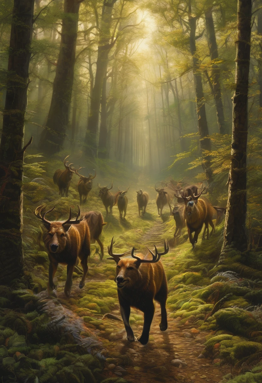 (Award-winning masterpiece:1.5), (incredible detail), (hyper realistic:1.4), (whole body:1.7), (group running towards forest edge), (elongated shadows dancing around them), (sound of creature pursuing them), (low threatening growl), (dark forest), (dramatic lighting), (intricate details:1.1)