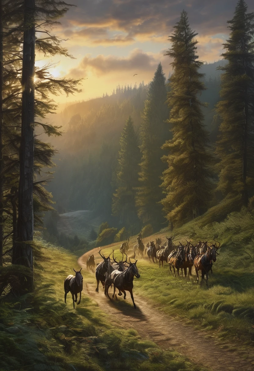 (Award-winning masterpiece:1.5), (incredible detail), (hyper realistic:1.4), (whole body:1.7), (group running towards forest edge), (elongated shadows dancing around them), (sound of creature pursuing them), (low threatening growl), (dark forest), (dramatic lighting), (intricate details:1.1)