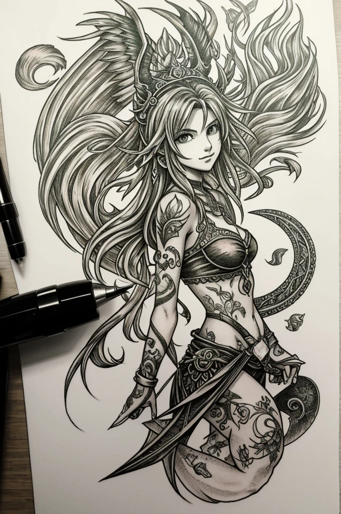 Create a tattoo design of Rydia from Final Fantasy IV of the Nintendo DS Remastered smaller version and with her mystical creature,  to black and white, 