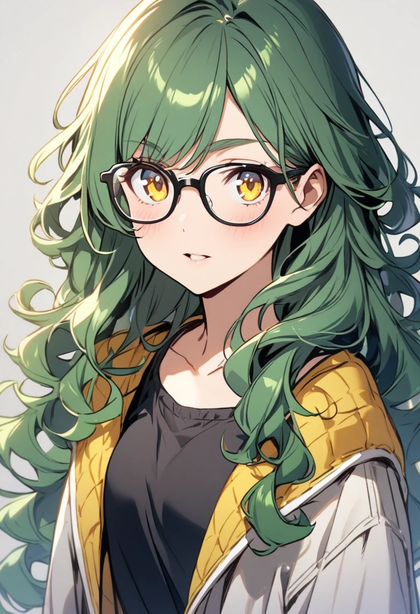 girl, curly hair, long hair, yellow eyes, green hair, ager, glasses