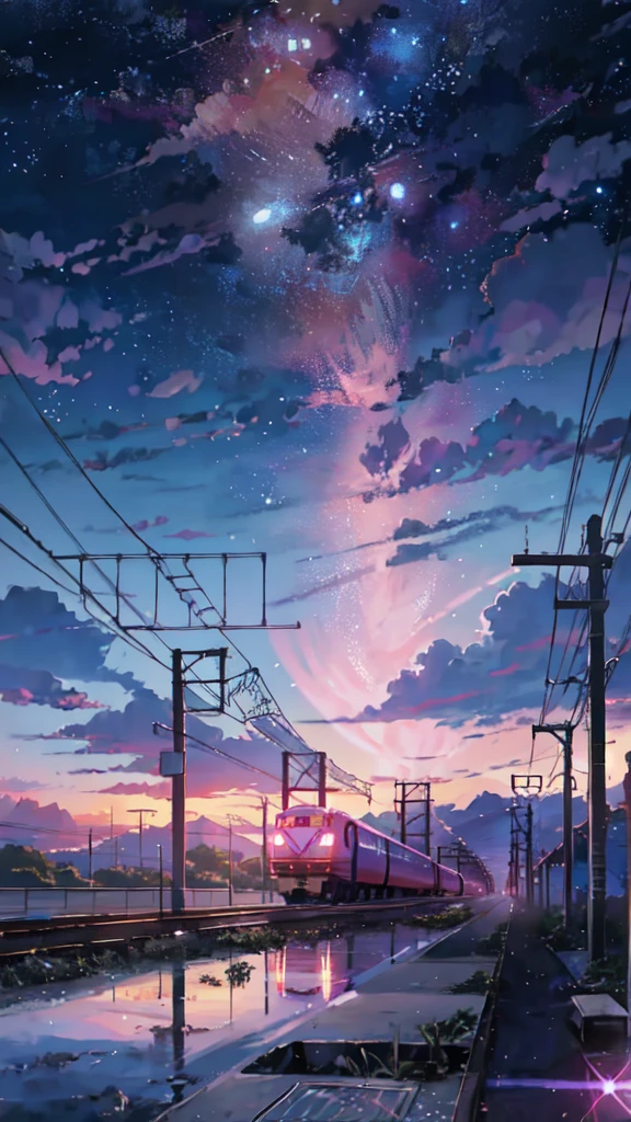Anime train crossing track in sky background, beautiful and harmonious scene, exquisite animation, rich details (width is 672), high quality, clarity 4k, artistic 4k wallpaper, stunning anime landscape, 8k art wallpaper.