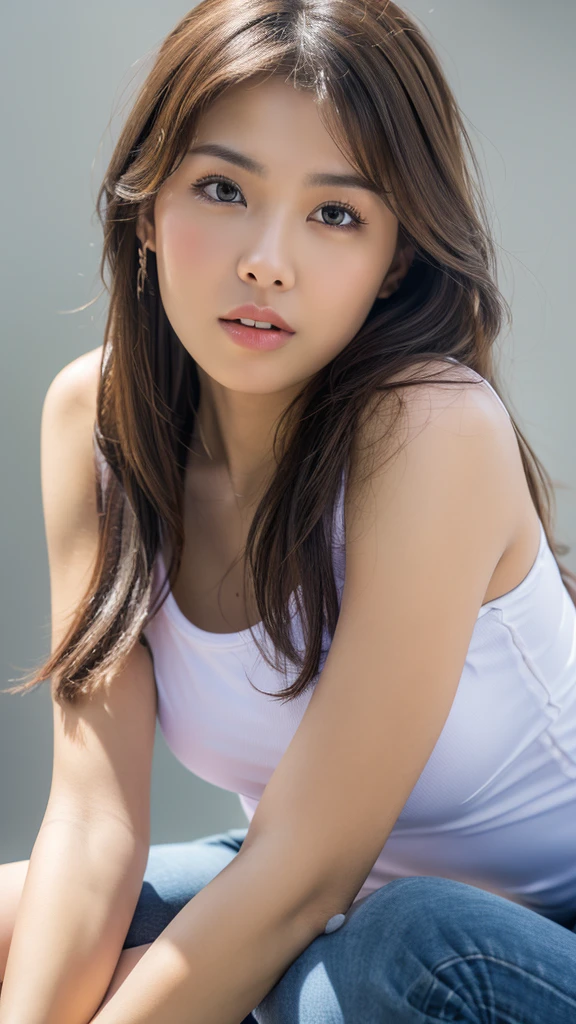 (detailed face),((crotch)),normal breasts,pretty,white sleeveless t-shirt,4k ,super high resolution ,(photo-realistic: 1.7), gray background,long hair,