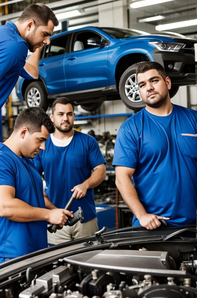 Image of 3 people working Automotive mechanics the first person who is tall and fat, the second person who is a little shorter and very strong and the third person who is of standard size and short. 