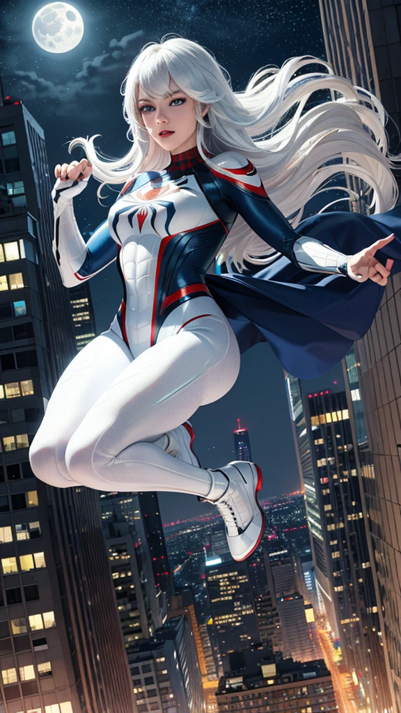 (Masterpiece, 4k resolution, ultra-realistic, very detailed), (White superhero theme, charismatic, there's a girl on top of town, wearing Spider-Man costume, she's a superhero), [ ((25 years), (long white hair:1.2), full body, (blue eyes:1.2), ((Spider-Man pose),show of strength, jumping from one building to another), ((sandy urban environment):0.8)| (cityscape, at night, dynamic lights), (full moon))] # Explanation: The Prompt mainly describes a 4K painting of ultra-high definition, very realistic, very detailed. It shows a superheroine at the top of the city, wearing a Spider-Man costume. The theme in the painting is a white superhero theme, the female protagonist has long white hair, is 25 years old and her entire body is shown in the painting. In terms of portraying the actions of superheroines, spiders are employed