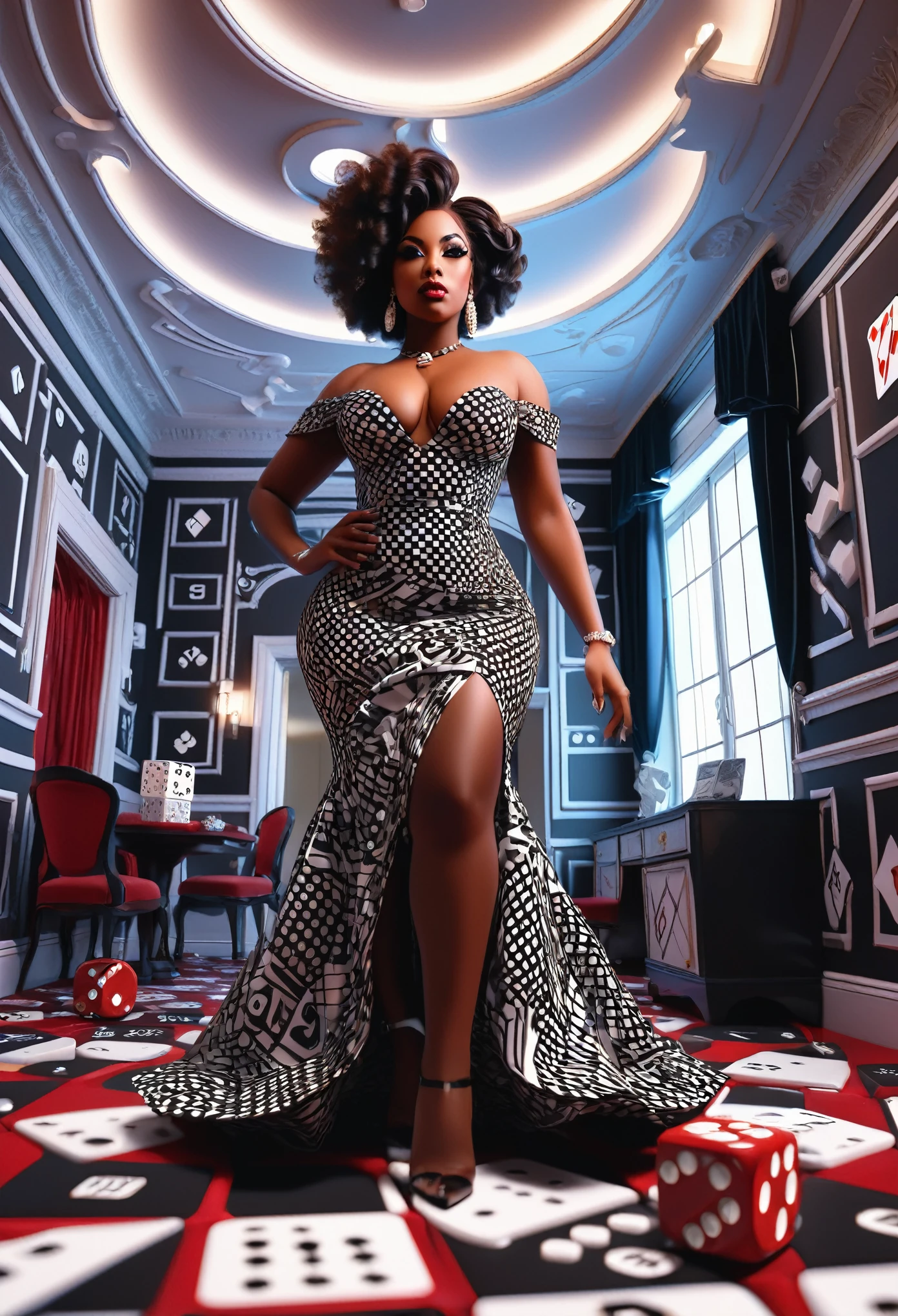 fish eye lens view from a low angle shot of a curvy Black woman in a beautiful dress standing in a dice designed room, with rolling dice designs on the walls, floor and ceilings, 32k ultra HD, unreal engine rendered, hyper-realistic image,