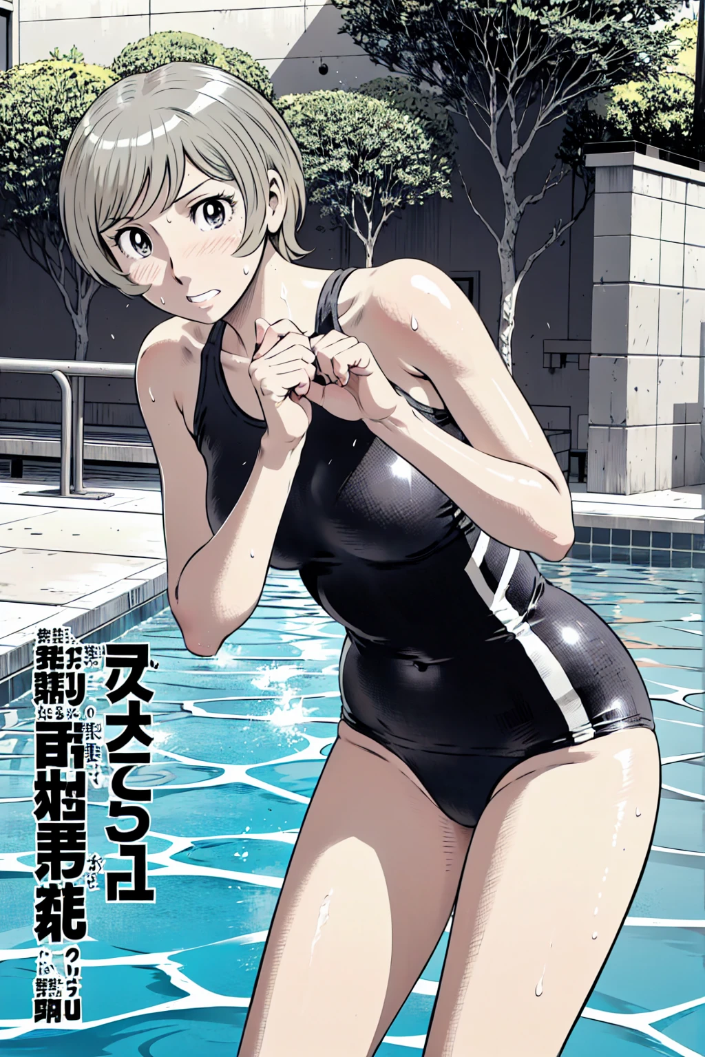 Blue school swimsuit、(masterpiece、Highest quality)、Highest quality, Ultra-high resolution, (((masterpiece))), alone, Sweat、Big eyes, Composition from the front、Shortcuts、Embarrassed face、Blonde、Cut your hair short、School swimming pool、short hair、Pussy Line、Browsing Caution、Butt