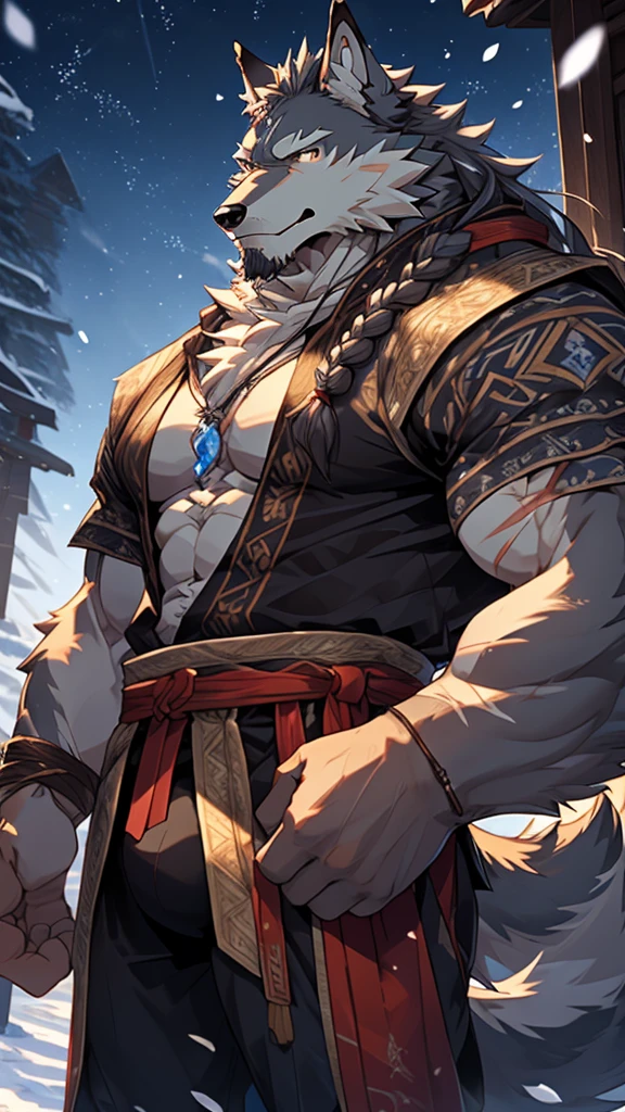 elder，gentle and soft，icey magic power，long white beard，long braided hair，solo, kemono, (old grey wolf), anthro (old wolf), anthro, male, anthro male (old wolf), anthro (old wolf), tail,muscles, handsome, general, loose cloth ,bulge, big abs, northern area,wind and snowstorm,perfect lighting, (light particles),(best quality),(masterpiece),(ultra detailed),sharp focus, light particles, strong, serious,rippled muscles, ultradetailed face, ultradetailed eyes, looking at viewer, good looking, , ((detailed face)),a lot of scars,the elder，elder face