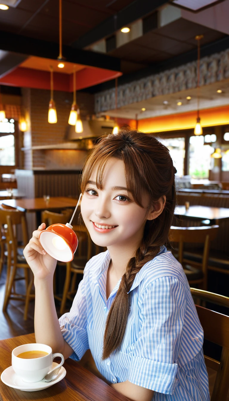 high school student,girl,,she is having food,smile,kobeyarestaurant, open kitchen, scenery, chair, table, ceiling light, indoors, lamp, cup, restaurant, light, realistic,Best Quality, 32k, photorealistic, ultra-detailed, finely detailed, high resolution, perfect dynamic composition, beautiful detailed eyes, sharp-focus, cowboy_shot,kobeyarestaurant, She is a k-pop idol girl