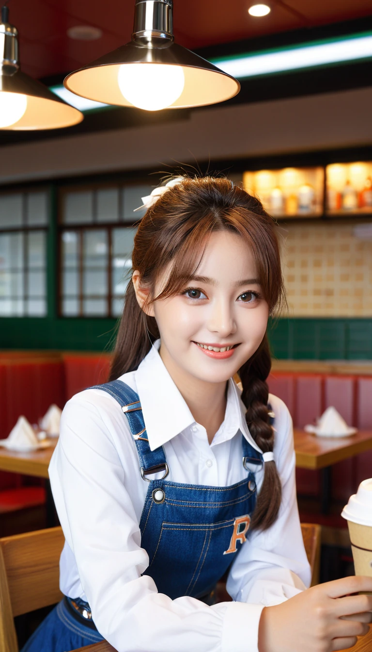 high school student,girl,,she is having food,smile,kobeyarestaurant, open kitchen, scenery, chair, table, ceiling light, indoors, lamp, cup, restaurant, light, realistic,Best Quality, 32k, photorealistic, ultra-detailed, finely detailed, high resolution, perfect dynamic composition, beautiful detailed eyes, sharp-focus, cowboy_shot,kobeyarestaurant, She is a k-pop idol girl