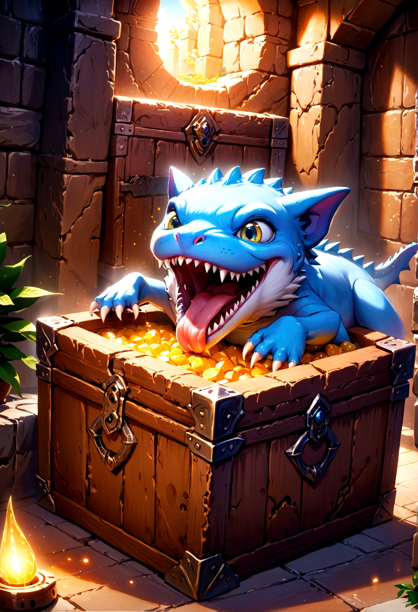 A chest in a dungeon shifts unnaturally exposing its eye stalks and opens its lid in a yawn exposing its toothy maw, fantasy dungeon