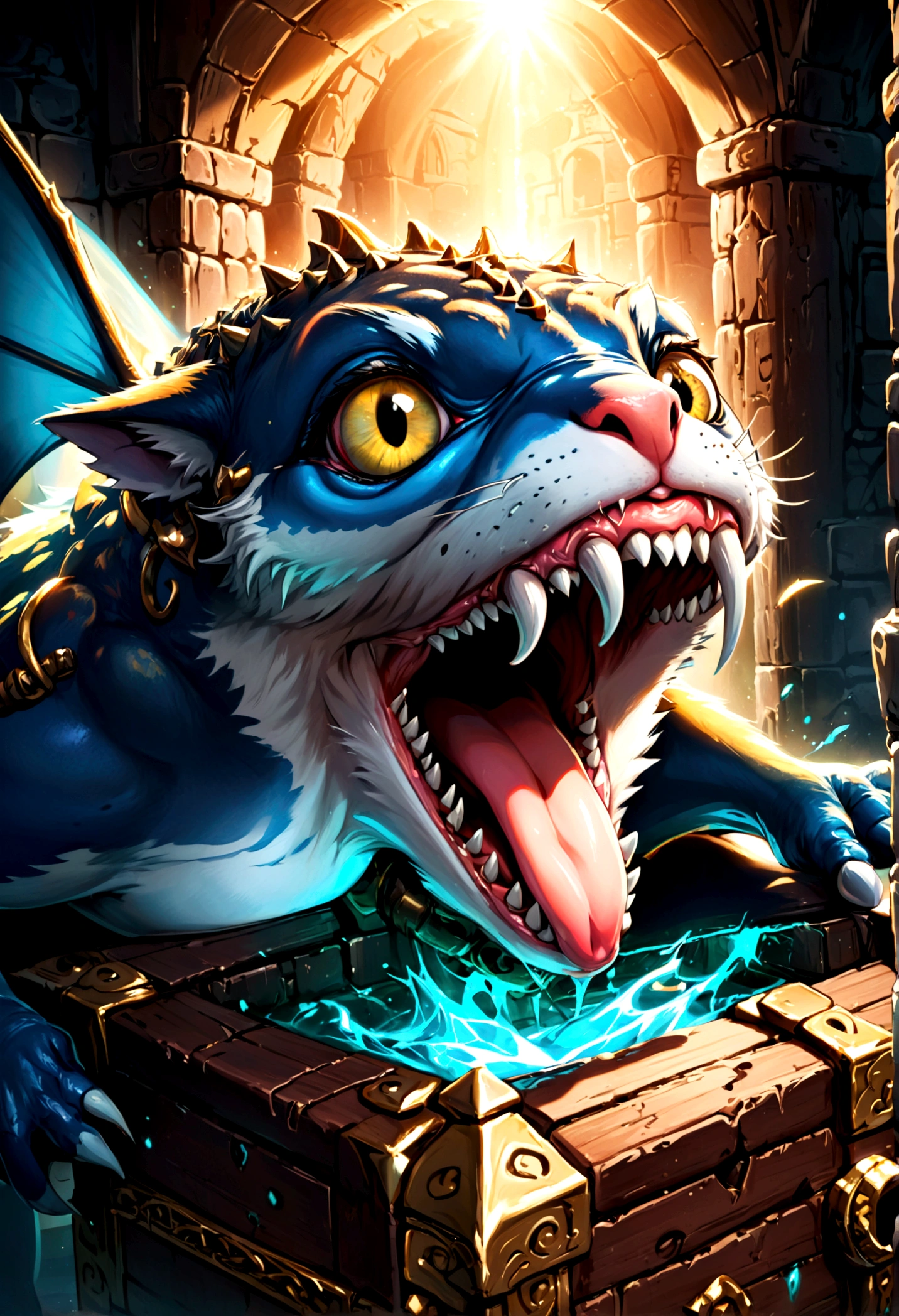 A chest in a dungeon shifts unnaturally exposing its eye stalks and opens its lid in a yawn exposing its toothy maw, fantasy dungeon