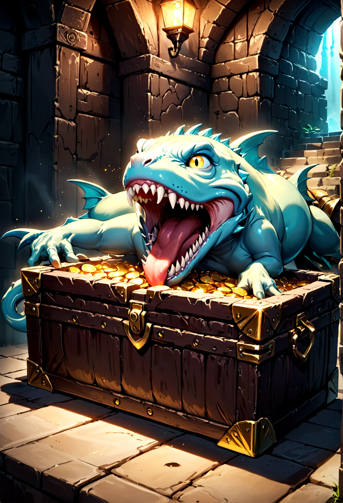 A chest in a dungeon shifts unnaturally exposing its eye stalks and opens its lid in a yawn exposing its toothy maw, fantasy dungeon