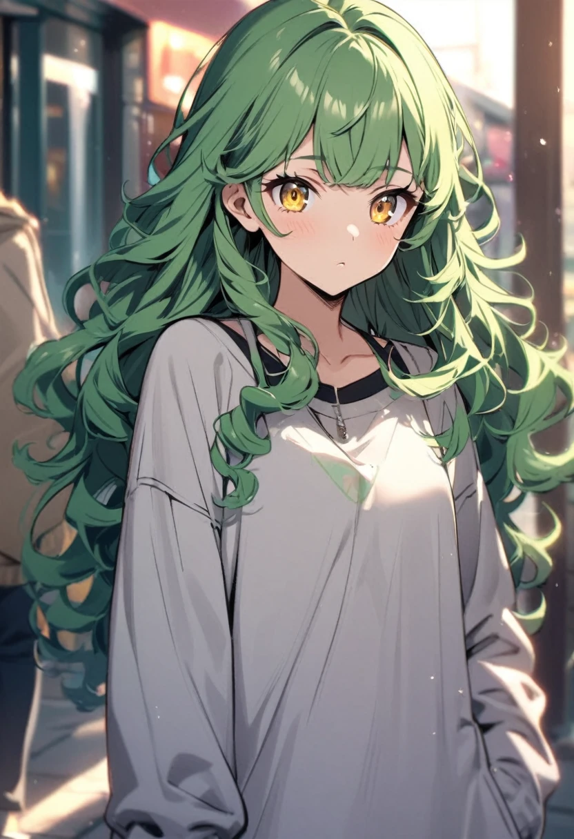 girl, curly hair, long hair, yellow eyes, green hair, teenager