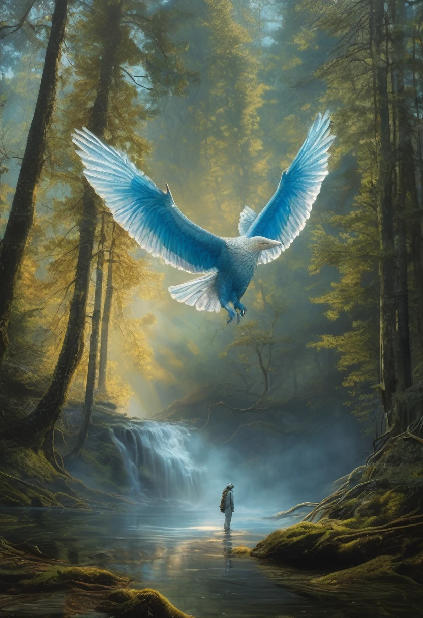 (Award-winning masterpiece:1.5), (incredible detail), (hyper realistic:1.4), (whole body:1.7), (light of dawn breaking on horizon), (forest bathed in pale blue hue), (creature disappearing into depths of forest), (echo of last cry), (dramatic lighting), (intricate details:1.1)