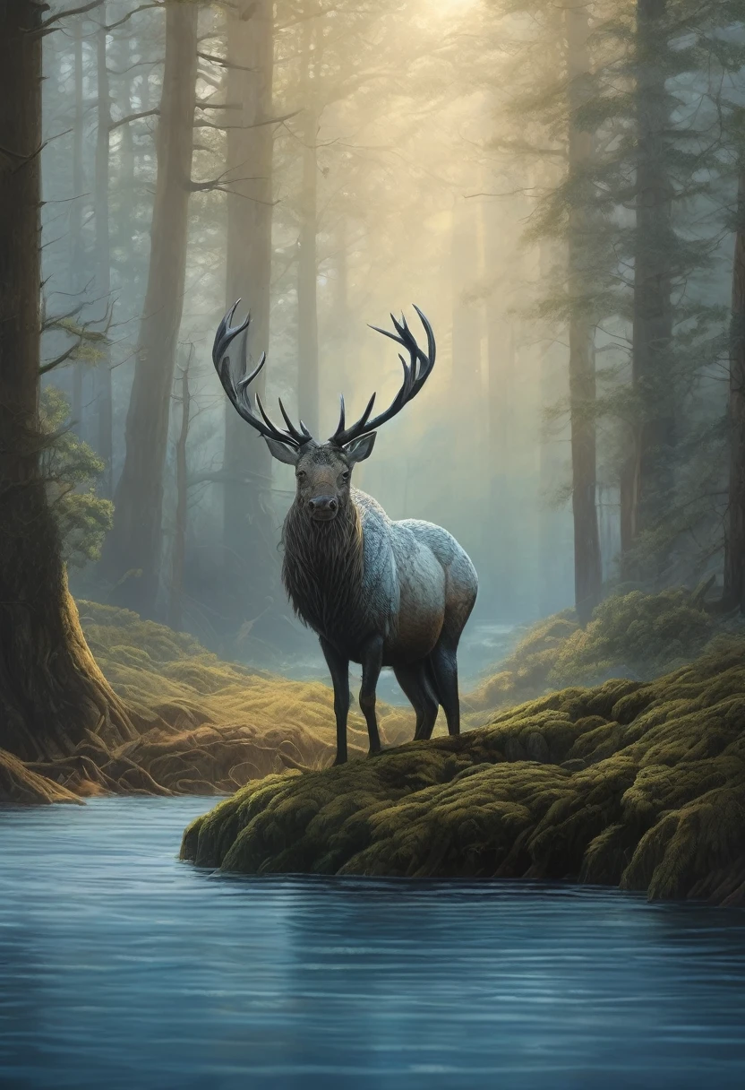 (Award-winning masterpiece:1.5), (incredible detail), (hyper realistic:1.4), (whole body:1.7), (light of dawn breaking on horizon), (forest bathed in pale blue hue), (creature disappearing into depths of forest), (echo of last cry), (dramatic lighting), (intricate details:1.1)