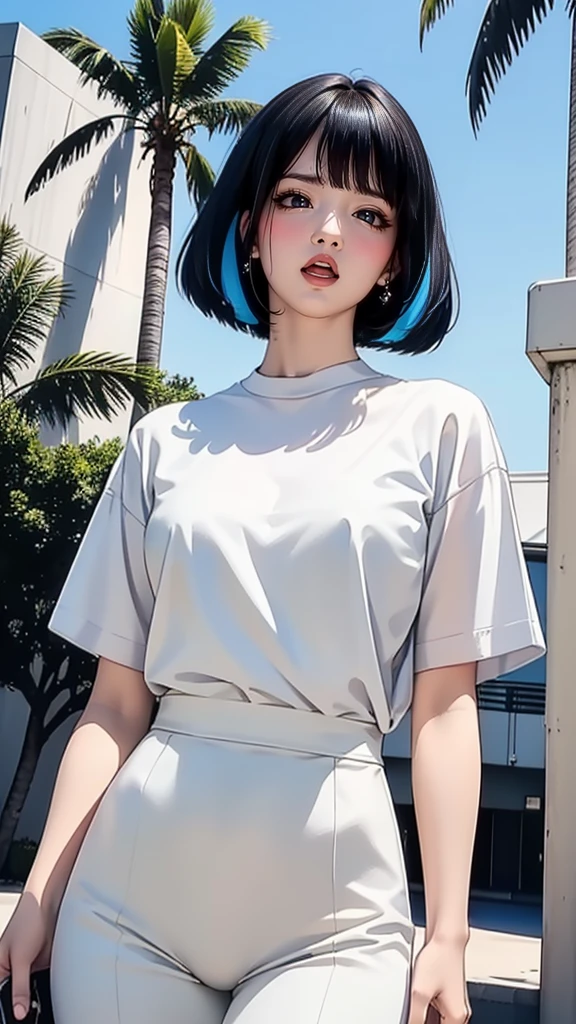 Best Quality, Masterpiece, Ultra High Resolution, (Realisticity:1.4), Original Photo, 1Girl, light leak, dark intens shadow, wear (blank white untucked t-shirt), black bob hairstyles background (80's mondrian architecture colourful motel), palm trees, sunny,summer, los Angles vibes, (from below:1.2), (realistic:1.1), (surreal:1.2), (very detailed:1.1)