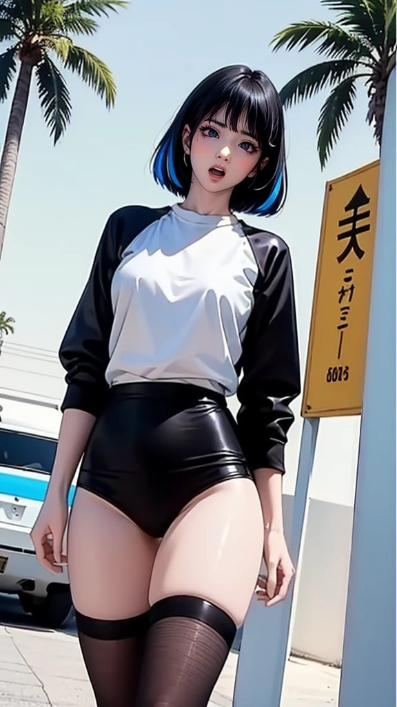 Best Quality, Masterpiece, Ultra High Resolution, (Realisticity:1.4), Original Photo, 1Girl, light leak, dark intens shadow, wear (blank white untucked t-shirt), black bob hairstyles background (80's mondrian architecture colourful motel), palm trees, sunny,summer, los Angles vibes, (from below:1.2), (realistic:1.1), (surreal:1.2), (very detailed:1.1)