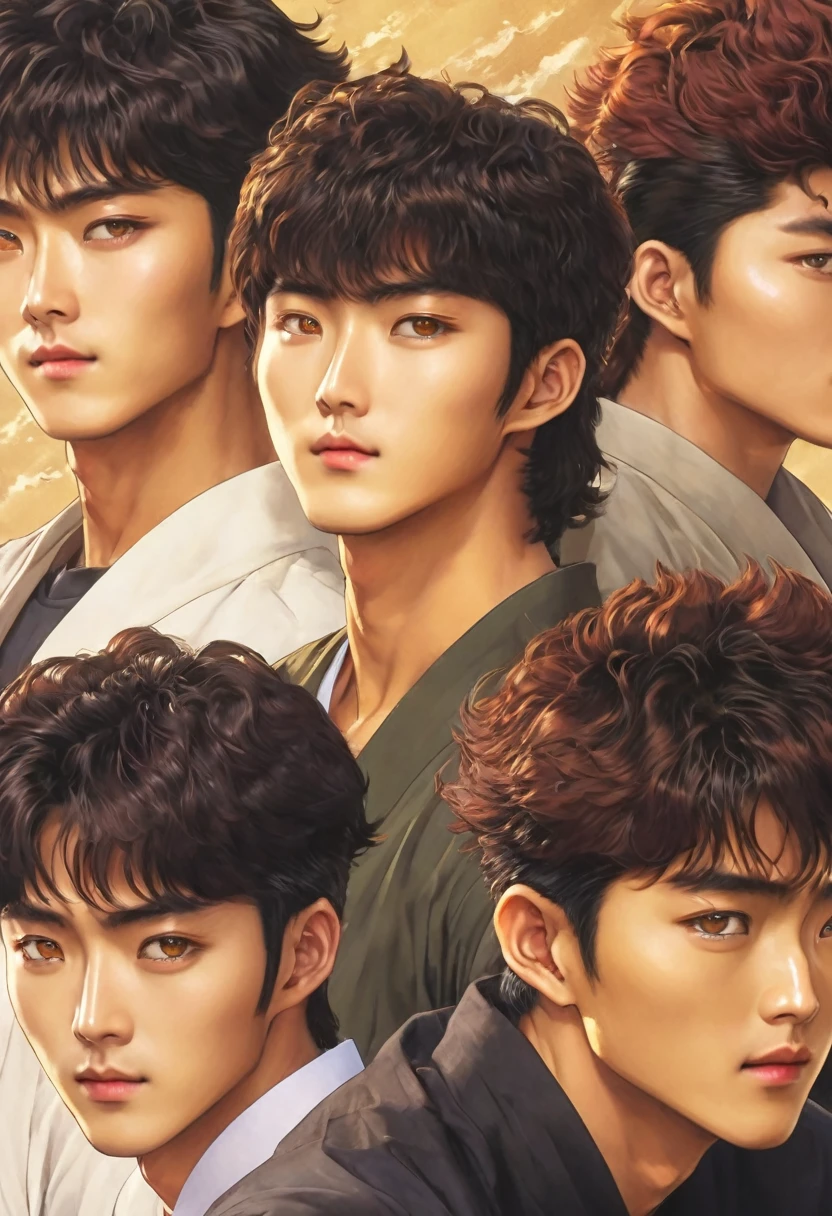 cinematic very 4k HD hIGH res depict a small group of korean guys witj a range of these looks tall lean very buffed korean guy with dark or medium naturally wavy red brown hair kinda angular angles sculpted look and face very light hazel or amberlike or even golden honey colored eyes yellowish olive complexioned show guy with a variance of this type of looks