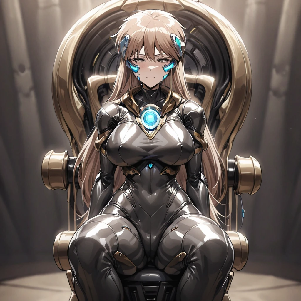 ((Highest quality)), ((masterpiece)), (detailed), （Perfect Face）、The woman is Princess Leona, with light brown, medium-long hair.々He was restrained by being made to wear a shiny body suit connected to various cords and machines, and made to sit in a mechanical chair-type brainwashing device that was bigger than his height.々They are connected to a device that has brainwashed and modified them.、The woman is undergoing treatment with a brainwashing device with a blank look on her face.