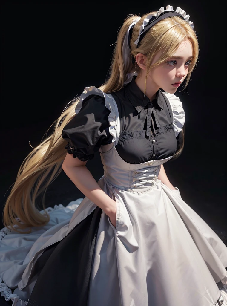 a beautiful girl,blonde pigtail hair,looking at the viewer,standing,(Very Detailed: 1.3),ultra realistic,HDR,(High Dynamic Range),8K RAW,(((1GIRL))),(((wearing maid dress))),(((black background))),masterpiece,best quality,perfect proportions