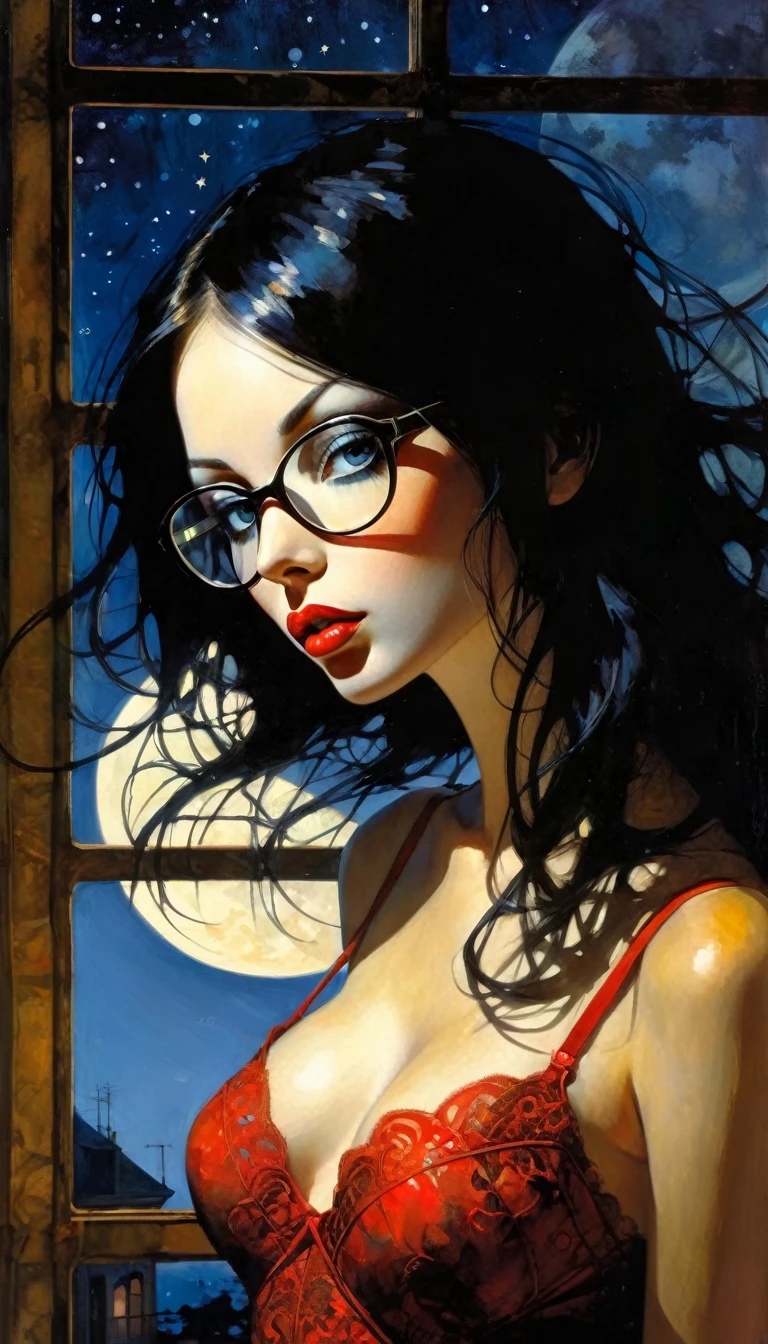 very , long black hair, glasses, lingerie, small , full body,  look, large window with a view of the night, stars, moon, (art inspired by Bill Sienkiewicz). oil painting) (best quality,4k,8k,highres,masterpiece:1.2),ultra-detailed,(realistic,photorealistic,photo-realistic:1.37),intricate details,vivid colors,sharp focus,professional,Dave McKean artwork, oil touch of surrealism,oil painting style,portrait,woman,beautiful detailed eyes,beautiful detailed lips,dreamlike atmosphere,shadow play,soft lighting,playful pose
